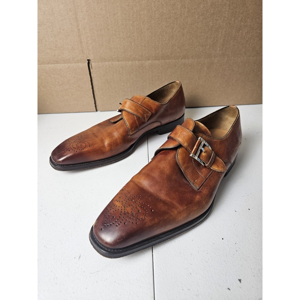 Magnanni Saks Fifth Avenue Perforated Leather Monk Strap Loafers Mens 12 M Brown
